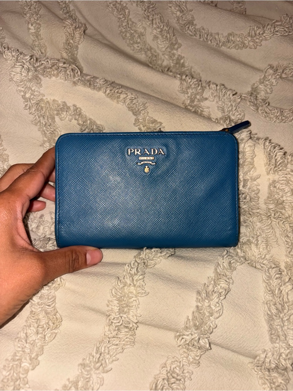 Prada Teal Blue Saffiano Leather Bifold Zip Wallet Gold Hardware
